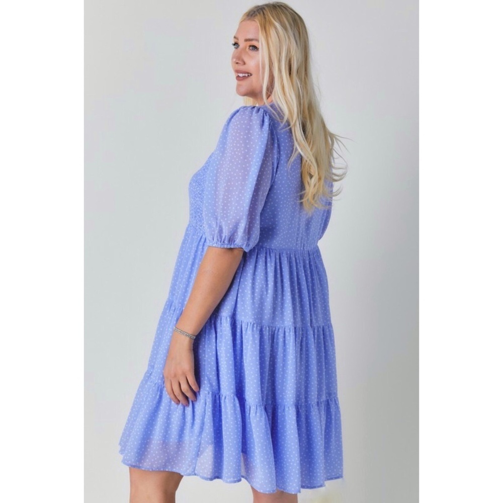 Davi & Dani Blue Polka Dot V Neck Short Sleeve Tiered Midi Dress - Picture 3 of 9